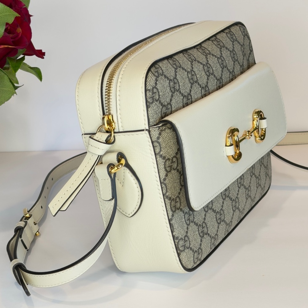 GUCCI Horsebit 1955 Ivory Brown GG Supreme Leather Crossbody Shoulder Bag + COA - Picture 4 of 13